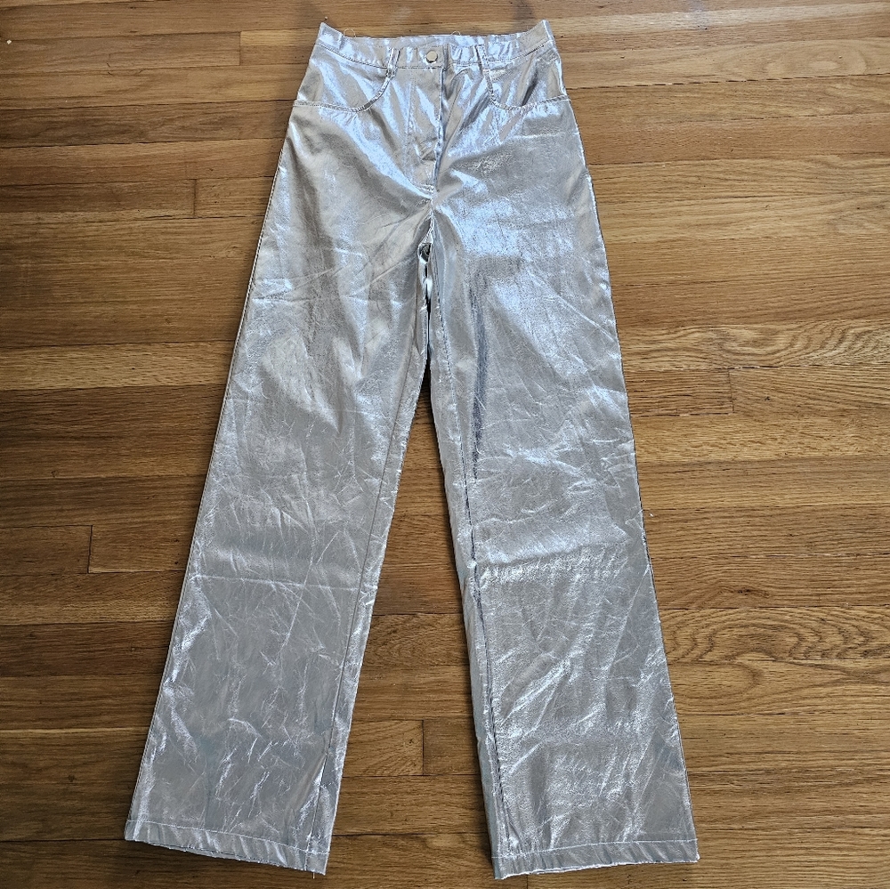 Women's Shiny Silver Color Bootcut Pants Size Small 25" Waist X 29" Inseam